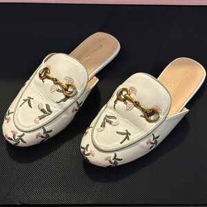 White and Pink Embroidered Mules